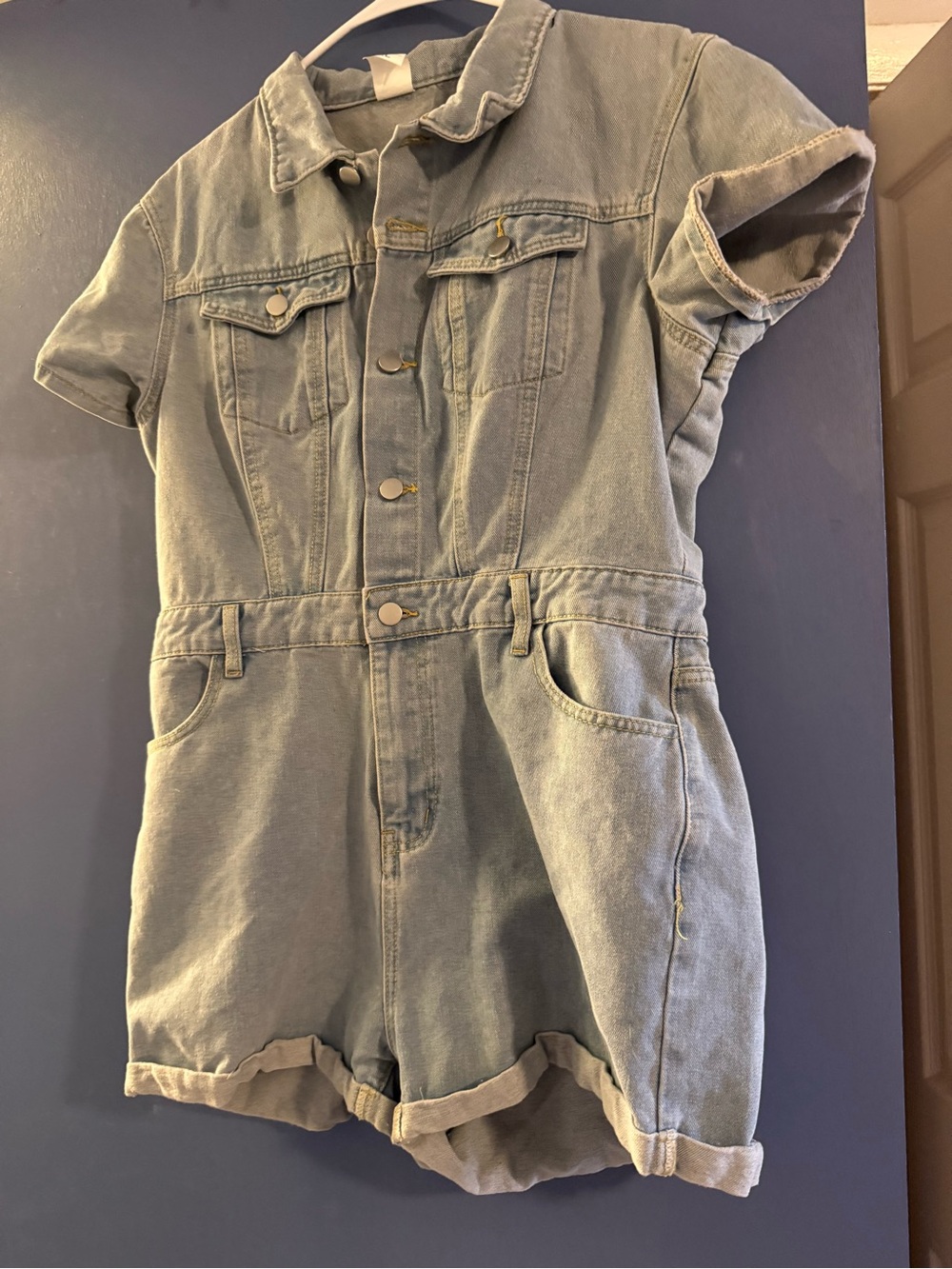 Light Blue Denim Short-Sleeve Romper Jumpsuit